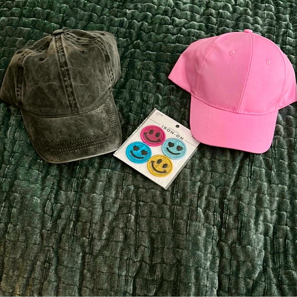 Bundle of 2 hats with pick 2 smiley patches your choice -NWT